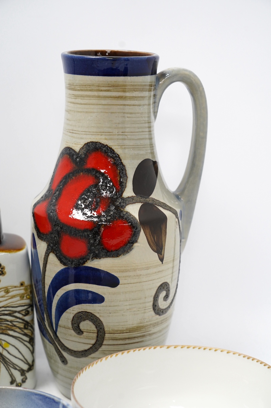Five ceramic items including a Royal Copenhagen vase, 19cm, two West German vases, tallest 34.5cm, a studio pottery bowl and a Dresden bowl. Condition - good